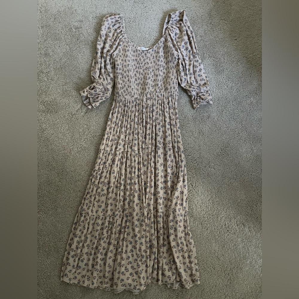 Cream Pleated Midi Sundress with Bishop Sleeves